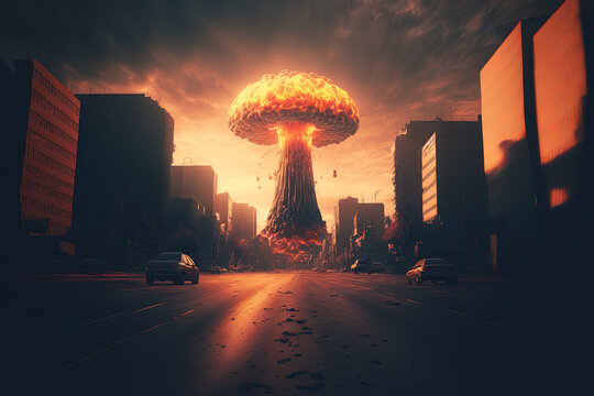 nuclear conflict idea nuclear bomb detonation. apocalyptic picture of the city center after an explosion. evening scene War has destroyed a city. Generative AI
