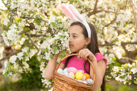 Cute little child girl wearing bunny ears on Easter day. Girl hunts for Easter eggs on the lawn near the house. Girl holding basket with painted eggs.