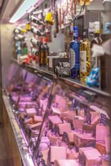 Main Food Market in Malaga Atarazanas Mercado. Close up of stalls full of healthy mediterranean Spanish traditional food. Fruits, vegetables, meat, seafood, etc                                        
