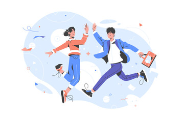 Colleagues jumping and giving high five. Man and woman colleagues jumping and giving high five vector  business illustration. Good job concept, winning, goal achievement idea