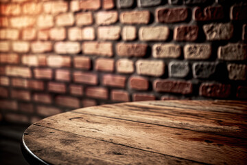 Fototapeta na wymiar wooden table next to a blurry brick wall. Generative AI