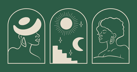 Esoteric woman emblem set with moon and sun. Magic simple logo icons