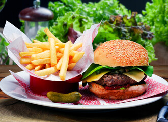 hamburger with fries