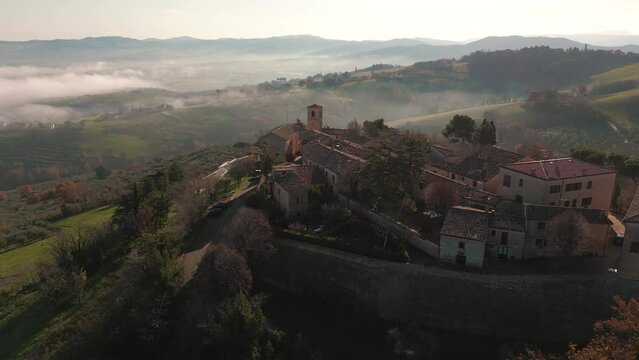 Italy, December 2022: aerial view of the beautiful medieval village of Montegridolfo in the province of Rimini in the Emilia Romagna region