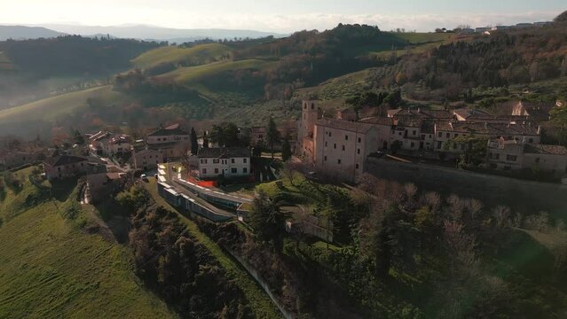 Italy, December 2022: aerial view of the beautiful medieval village of Montegridolfo in the province of Rimini in the Emilia Romagna region
