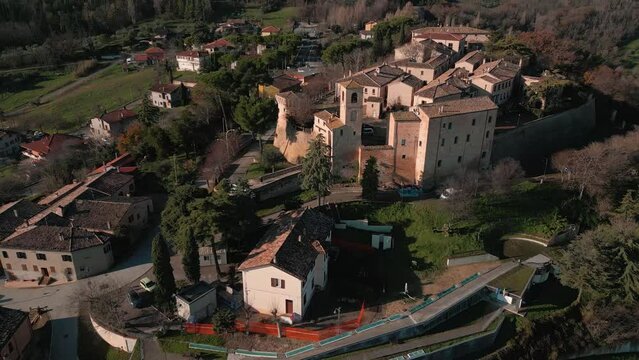 Italy, December 2022: aerial view of the beautiful medieval village of Montegridolfo in the province of Rimini in the Emilia Romagna region