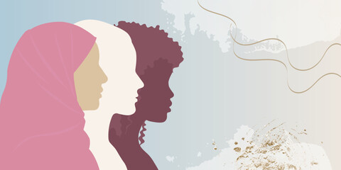 Multicultural and multiethnic women. International Woman's day, mother's day, woman power, empowerment. Female profile silhouette.