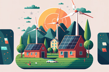 solar panels and wind turbines that use green energy. artwork in a flat design. Generative AI