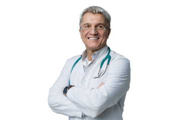 The doctor is an adult in a bathrobe with glasses, isolated transparent background.