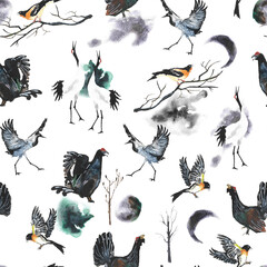Hand drawn illustration. Watercolor. Seamless pattern. Cute cartoon. Wild birds. White background.