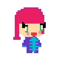 Pixel art, isolated: a funny smiling girl with bangs.
