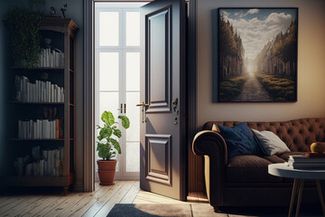 realistic living room interior design with a door. Generative AI