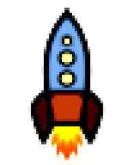 Pixel art, isolated: a retro rocket ship travelling into space.
