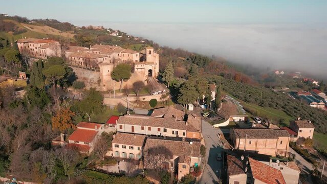 Italy, December 2022: aerial view of the beautiful medieval village of Montegridolfo in the province of Rimini in the Emilia Romagna region