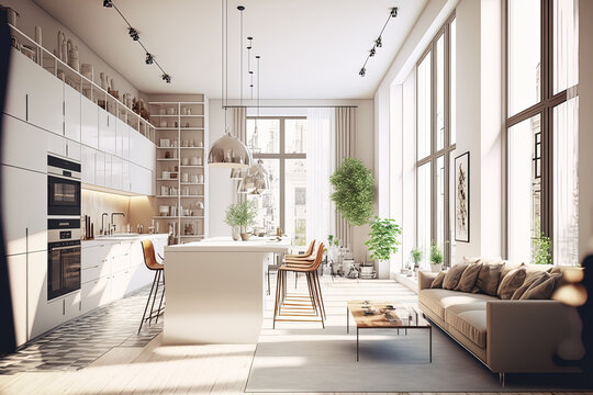 A spacious studio's stylish modern interior design has beige and white colors and large floor to ceiling windows. a play space and a white kitchen with an island. Generative AI