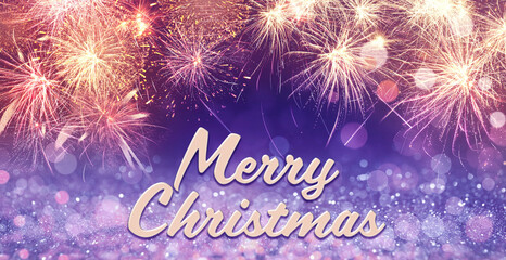 Text Merry Christmas on festive background with fireworks. Bokeh effect