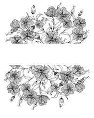 floral arrangement frame for invitation, poster, greeting card, background. Can be used to print on fabric or paper. Richly decorated, flowers, grass, leaves, branches. Made in the style of line art