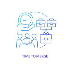Time to merge blue gradient concept icon. Managing through acquisition abstract idea thin line illustration. Team meeting. Negotiation process. Isolated outline drawing. Myriad Pro-Bold font used