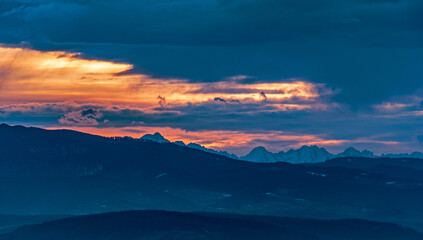 fiery sky over the Tatra Mountains - obrazy, fototapety, plakaty