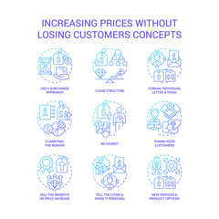 Increasing prices without losing customers blue gradient concept icons set. Commercial strategy idea thin line color illustrations. Isolated symbols. Roboto-Medium, Myriad Pro-Bold fonts used