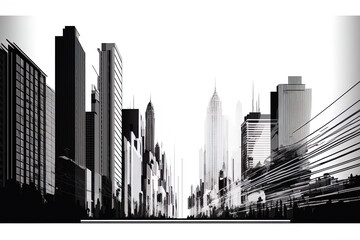 Conceptual Ai Generated Image (not actual) - Cityscape Line Panorama A white backdrop with a linear view of the metropolitan environment. artwork with fine lines. Generative AI