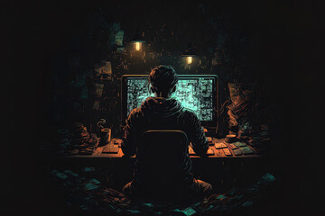 Fototapeta premium Back view of clever, talented, introverted tester writing, operating, and protecting data in a nighttime, private, dark room. Generative AI