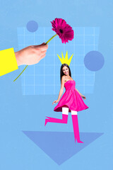 Collage artwork graphics picture of arm giving flower mini happy smiling lady isolated painting background