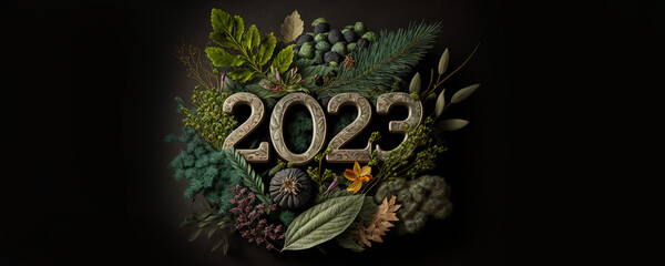 2023 made from natural plants leaves and flowers Happy New Year. Eco conecpt