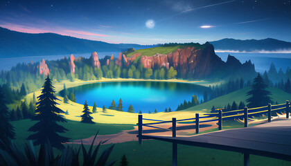 A crater with a lake. A drawing of nature. The forest around the crater. Green meadows.