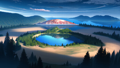 Obraz premium A crater with a lake. A drawing of nature. The forest around the crater. Green meadows.