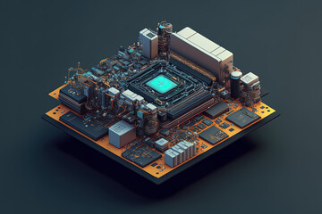 Obraz premium Digital life, mobile digital communication, isometric processor microchip motherboard components, and digital life. Generative AI