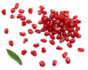 Pomegranate seeds isolated on white background. Top view. Flat lay