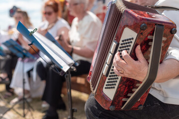 Musician with accordion at a concert. Hands and accordion instrument up close.