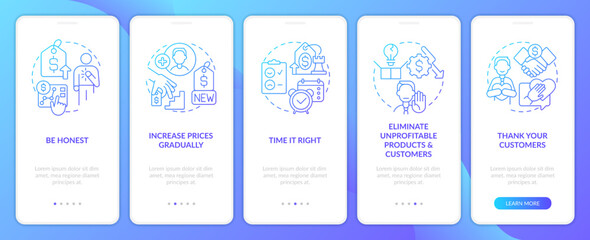 Tactics for raising prices blue gradient onboarding mobile app screen. Walkthrough 5 steps graphic instructions with linear concepts. UI, UX, GUI template. Myriad Pro-Bold, Regular fonts used