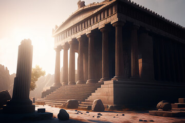 Fototapeta premium Abandoned Roman temple. Ancient temple with pillars ruins. Generative AI Roman column temple in the morning.