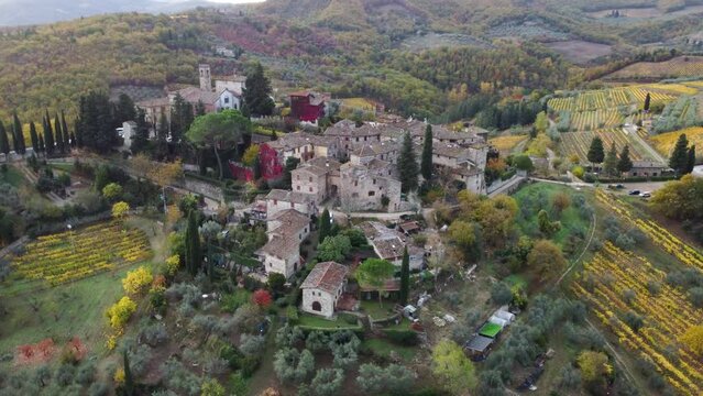 Aerial shot of Montefioralle, a village in Tuscany, Italy, a hamlet in the municipality of Greve in Chianti.
