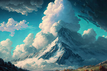 Clouds, a lovely landscape, with a great mountain backdrop. Generative AI
