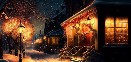 A night view of small village house at Christmas. Christmas night greeting card or postcard. CHristmas house outdoor view. Illustration of festive house at Christmas Evening.