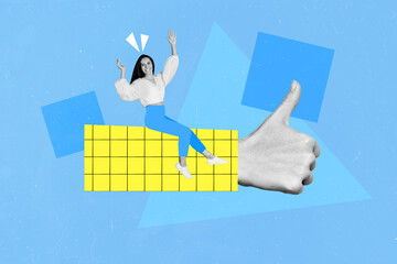 Collage artwork graphics picture of smiling happy lady sitting thumb up arm supporting Ukraine...