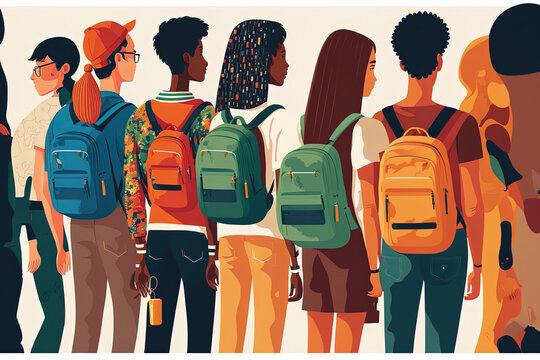 group of multicultural school, college, or university students. International teens are depicted in a flat graphic with backs, backpacks, books, and phones. Generative AI