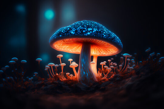Mystic mashrooms in a deep faery forest. Alida in the wonderland mushrooms. Magic mushrooms growing in the forest. Mushrooms digital illustration.