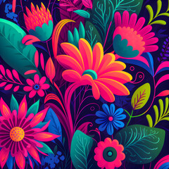 Fototapeta na wymiar Flowers pattern, neon colors illustartion
