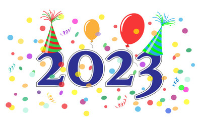 Silvester Party Karte, Neues Jahr 2023 mit Hütchen, 
Konfetti, Luftballons und Luftschlangen,
Vektor Illustration mit dunklem Hintergrund
