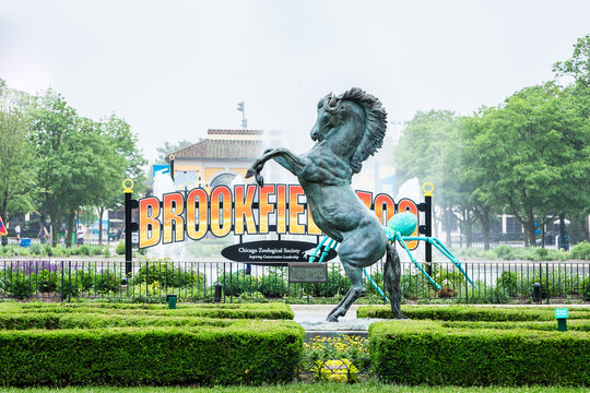 Brookfield, IL - June 16, 2018: A display at Brookfield Zoo with a horse standing in front of a sign. The zoo is home to over 2300 animals  and over 450 different species.