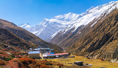 Small village of Yak Kharka in the himalayas on the Annapurna Circuit Trek
