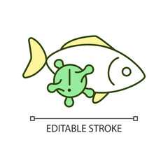 Infected fish RGB color icon. Contagious and dangerous seafood. Toxins, virus. Fish diseases. Isolated vector illustration. Simple filled line drawing. Editable stroke. Arial font used