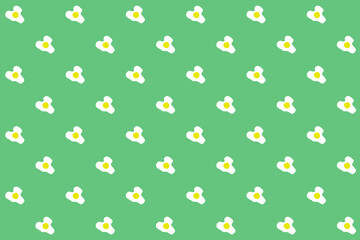 Fried scrambled eggs on bright  green background in food sample. View from above. Minimalistic painted fashion. Flat lay cartoon flat set, isolated seamless pattern. Products kitchen cooking concept