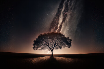 Fototapeta na wymiar long exposure shot with grain of the milky way and a tree silhouette. Generative AI