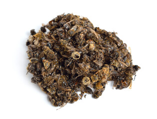 Heap died bees for apitherapy isolated on white background.