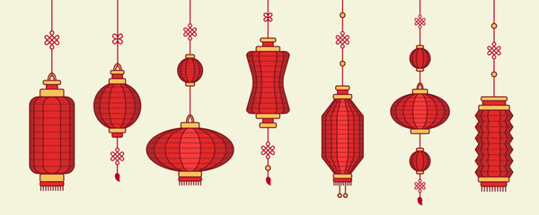 Fototapeta na wymiar Set of seven Chinese lanterns, red paper lanterns, east culture objects, vector elements, holiday decorations.